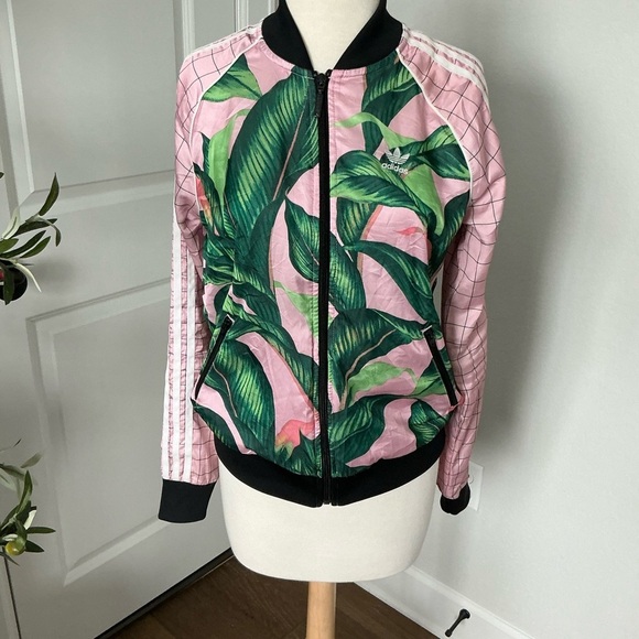 Adidas x Farm Rio Sz S Pink Palm Tropical Leaf Pattern Track Jacket Full Zip - Picture 7 of 15